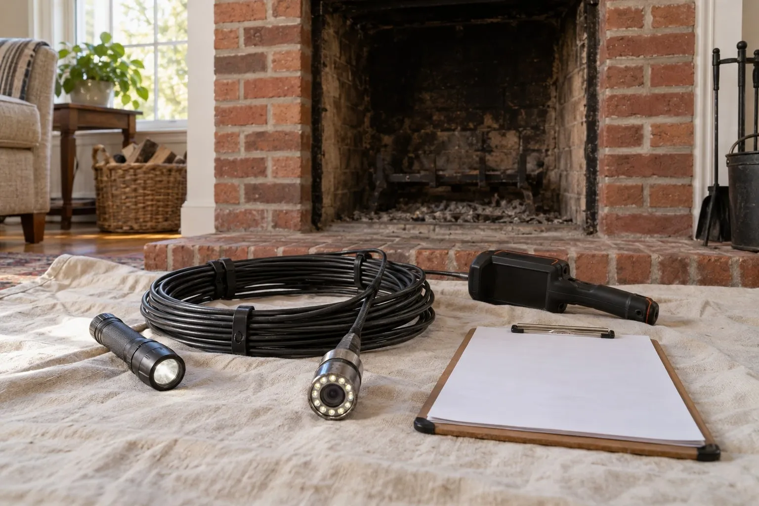 A lit camera head on its coiled lead, a torch, a hand-held screen and a blank clipboard set out on cream cloth before a red brick firebox