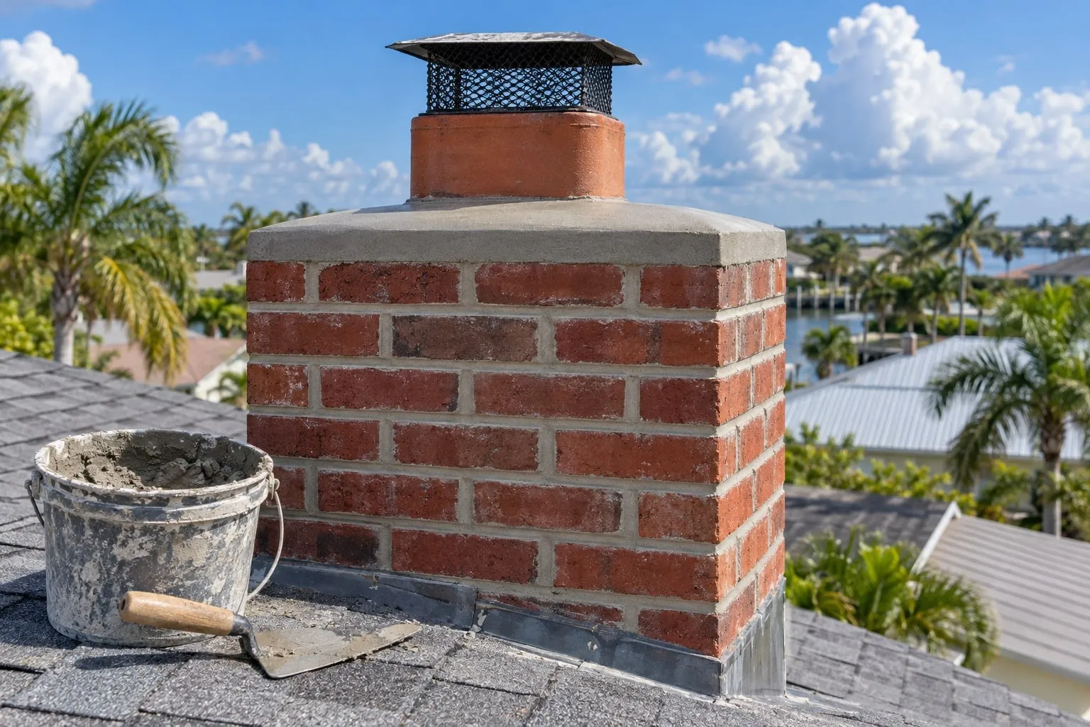 A bucket of grey mortar and a pointing trowel beside a red brick chimney with a smooth concrete crown and a mesh cap, on a grey shingle roof under a bright sky