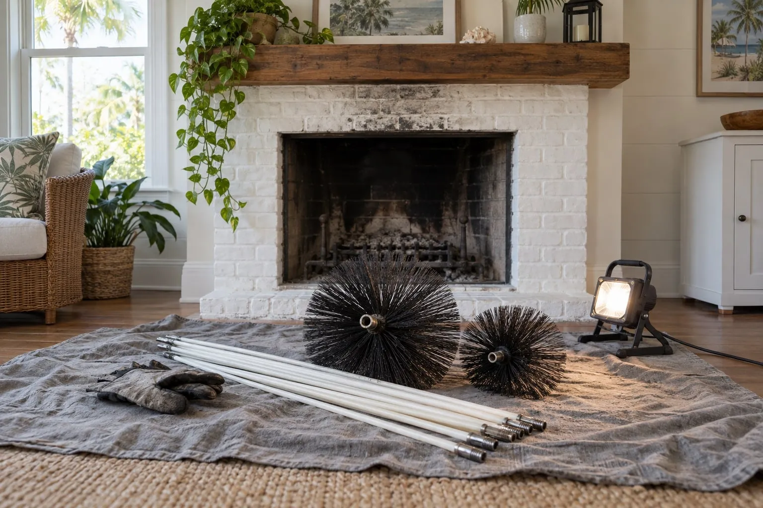 A whitewashed brick fireplace under a wooden mantel with trailing plants, two black brushes, white rods and gloves on a cloth before it